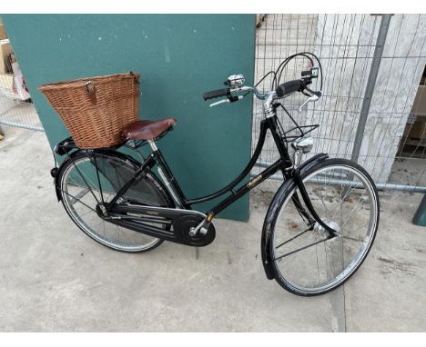 A VINTAGE PASHLEY LADIES BIKE WITH REAR WICKER BASKET, BROOKS SADDLE AND REAR WHEEL LOCKING SYSTEM, IN EXCELLENT CONDITION