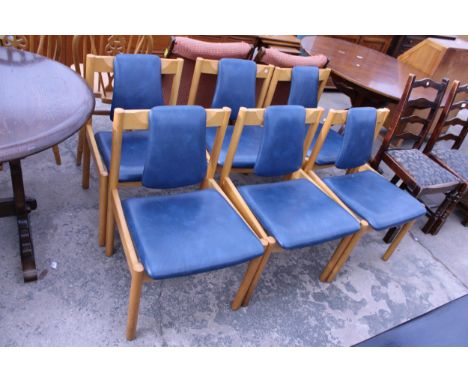 A SET OF SIX ERCOL RETRO DINING CHAIRS WITH BLUE FAUX LEATHER BACKS AND SEATS