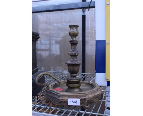 A VINATGE OAK AND BRASS CANDLE LANTERN HOLDER