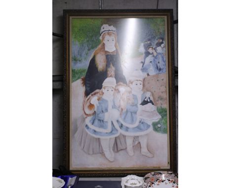 A LARGE IMPRESSIONIST STYLE PRINT OF A LADY WITH TWO GIRLS - FRAMED, 82CM X 122CM