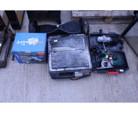 AN ASSORTMENT OF ITEMS TO INCLUDE A HOVER BOARD, AN ELECTRIC TILE CUTTER AND TWO POWER TOOLS ETC