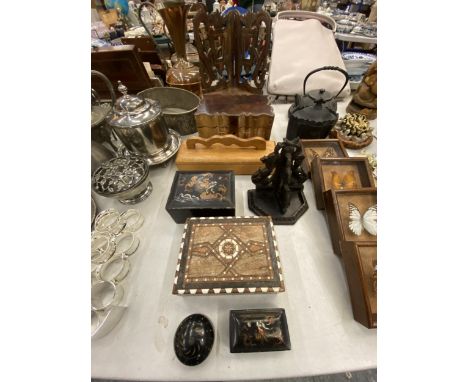 A QUANTITY OF VINTAGE TREEN ITEMS TO INCLUDE A CORNER SHELF, ORIENTAL BOXES, ETC