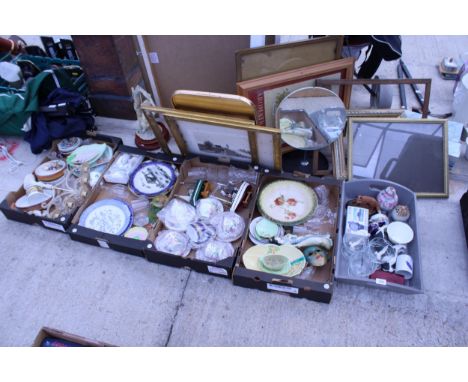 AN ASSORTMENT OF HOUSEHOLD ITEMS TO INCLUDE CUPS AND SAUCERS, CERAMIC FIGURES AND PLATES ETC