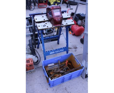 AN ASSORTMENT OF TOOLS TO INCLUDE A FOLDING WORK BENCH, SPANNERS AND DRILLS ETC