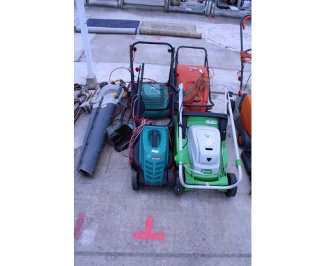 AN ASSORTMENT OF ELECTRIC GARDEN TOOLS TO INCLUDE A BOSCH LAWN MOWER, AND A FLYMO ETC