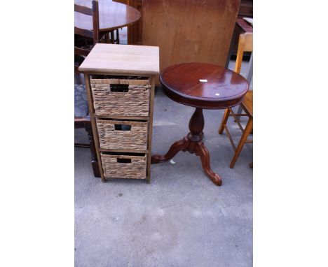 A MAHOGANY TRIPOD WINE TABLE, 19" DIAMETER AND A SMALL BATHROOM CHEST