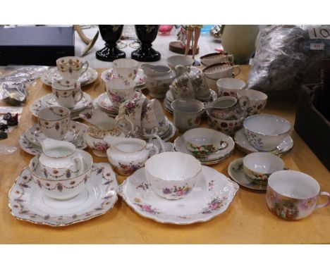 A LARGE QUANTITY OF CUPS, SAUCERS, CAKE PLATES, MILK JUGS TO INCLUDE LONGTON CHINA, ROYAL CROWN DERBY, AYNSLEY, ETC.,