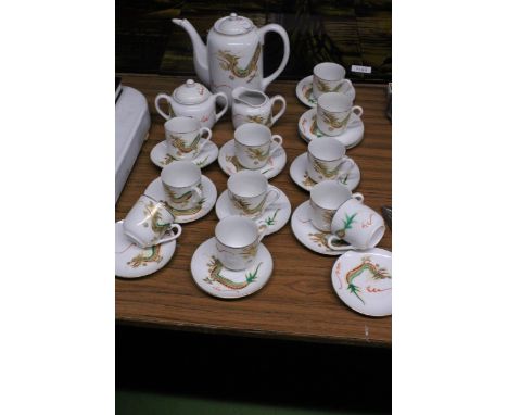 AN ORIENTAL COFFEE SET TO INCLUDE A COFFEE POT, CREAM JUG, SUGAR BOWL, CUPS AND SAUCERS