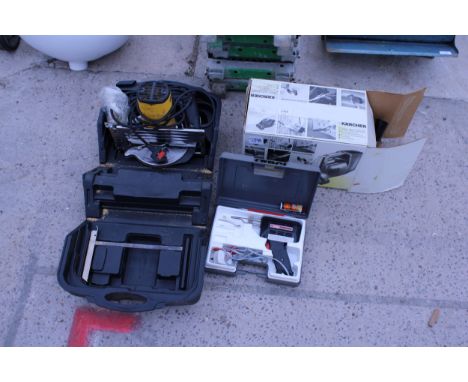 AN ASSORTMENT OF TOOLS TO INCLUDE AN ELECTRIC CIRCULAR SAW, A SOLDERING IRON AND A KARCHER STEAM CLEANER ETC