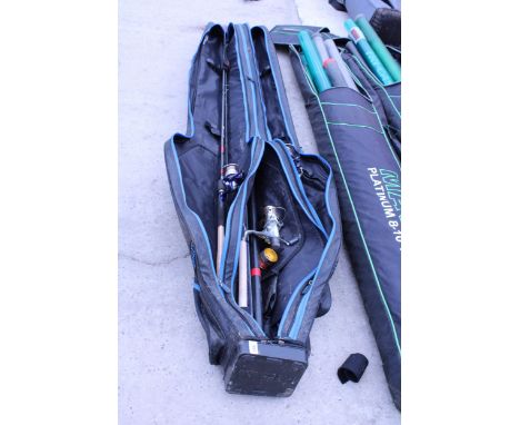 A PRESTON INNOVATIONS COMPACT ROD HOLDALL WITH VARIOUS RODS TO INCLUDE THREE FEEDER RODS REELS AND A TOURNAMENT SLR TO INCLUD