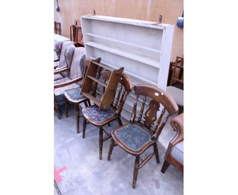 A LARGE PAINTED PINE SHELVING UNIT, A SMALL OAK SHELF AND THREE DINING CHAIRS