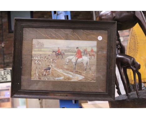 A VICTORIAN OAK SURROUNDED WATERCOLOUR, 'CHECK ON THE PLOUGH', SIGNED LIONEL EDWARDS