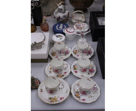 SIX ROYAL CROWN DERBY 'DERBY POSIES' CUPS AND SAUCERS, TRINKET BOXES, A GINGER JAR, ETC