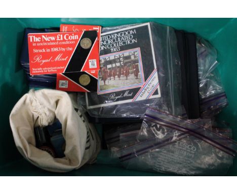 44.BLUE PLASTIC TUB HOUSING A LARGE QUANTITY OF COINS , CHIEFLY UK , TO INCLUDE 9 SETS OF BRITAIN’S FIRST DECIMAL COINS ( + E