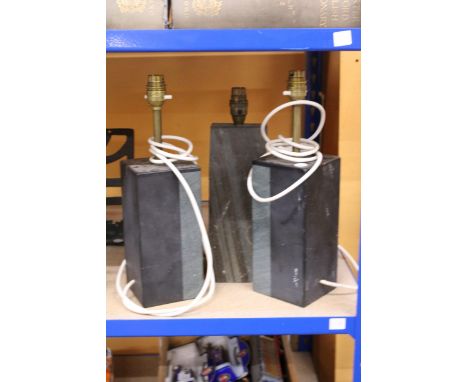 THREE HEAVY STONE TABLE LAMP BASES, HEIGHTS 21CM AND 27CM