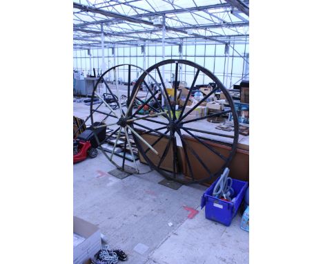 TWO LARGE VINTAGE METAL CART WHEELS WITH METAL PLATE FEET (D:159CM)