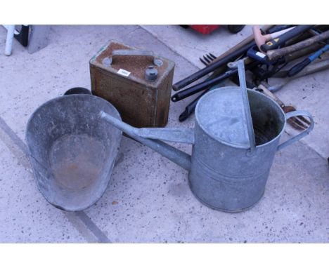 THREE VINTAGE ITEMS TO INCLUDE A FUEL CAN AND A GALVANISED WATERING CAN ETC