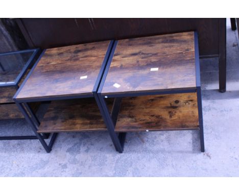 A PAIR OF RETRO METAL FRAMED TWO TIER LAMP TABLES, 20" SQUARE