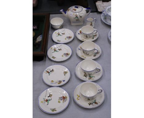 A VINTAGE CORONA 'JOEY THE CLOWN' THEMED CHILDREN'S TEASET TO INCLUDE A TEAPOT, SUGA BOWL, CREAM JUG, CUPS, SAUCERS AND SIDE 