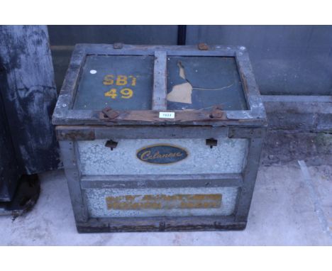 A VINTAGE WOODEN AND METAL TRUNK BEARING THE NAME CELANESE