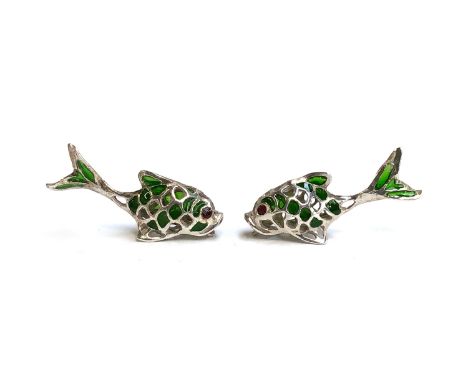 A pair of small 800 silver and plique a jour enamel fish figurines, each 4.5cm long 