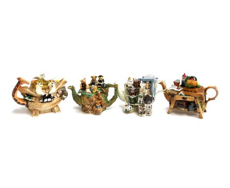 Four Cardew designs novelty teapots, 'Gardener's Bench', Fantasia, teddy bears picnic etc 