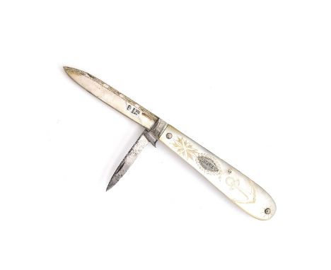 A George III silver, steel, and mother of pearl penknife, having a large silver blade, 6cm long, and a shorter steel blade, 4