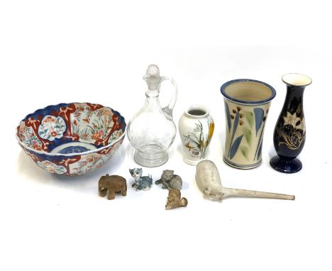 A mixed box, to include 19thC engraved claret decanter, imari bowl, meerschaum pipe, etc 