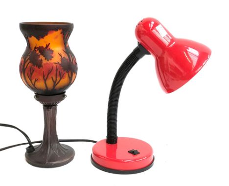 A Tiffany type lamp; and one other small red desk lamp 