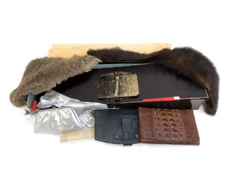 A box containing vintage fur, alligator purses, gloves etc 