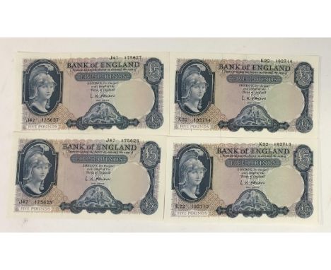 Four Bank of England five pound notes, lion and key series, L K O'Brien, comprising two pairs of consecutive numbers, all wit