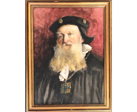 20th century watercolour, portrait of a bearded man in a hat, 36x26cm 