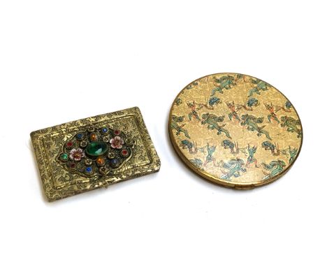 A 20th century Czech gilt metal, paste and enamel cigarette case; together with an Art Deco Vogue Vanities compact mirror wit