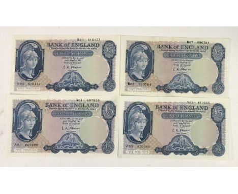 Four Bank of England five pound notes, lion and key series, L K O'Brien, all with blue £5 to reverse 