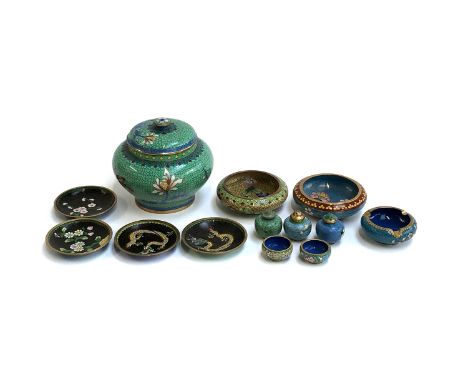 A mixed lot of Chinese cloisonne enamel items, to include pin dishes, lidded jar 14cmH, cruet set etc 