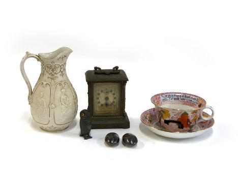 A Victorian William Brownfield jug heightened in gilt; oversized Burslem cup and saucer; Indian white metal salt and pepper; 