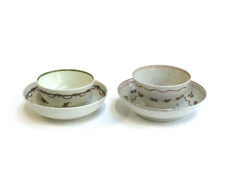 Two 18th century teacups and saucers, both with floral design, one Lowestoft 