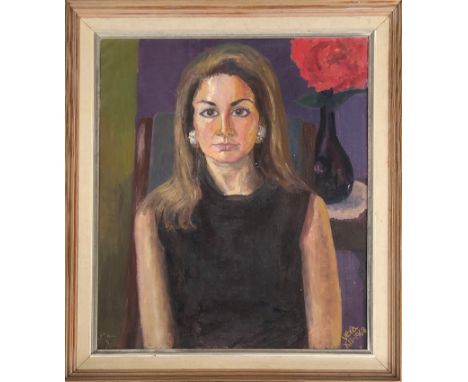 Half length portrait of a lady with red flower in vase, oil on canvas, signed 'Vera, XII. 1968', 75x65cm 
