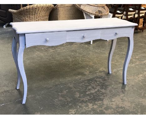 A grey painted pine console table, with three drawers, 140x45x81cmH 