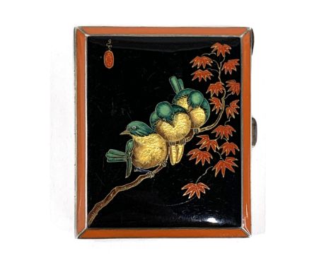 An Art Deco likely Austrian silver and enamel cigarette case in the Japanese taste, the black and red enamelled front depicti