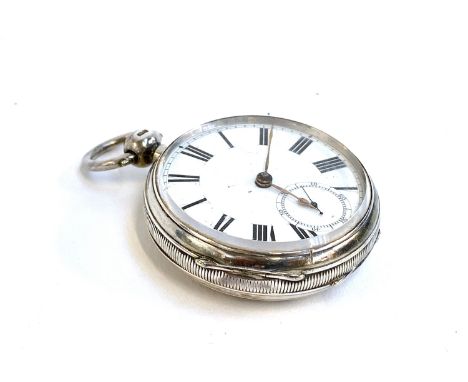 A Victorian open face silver key wind fob watch, white enamel dial with Roman numerals and subsidiary seconds, the case marke