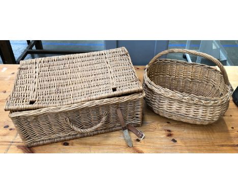 A wicker hamper, containing a quantity of plated and stainless cutlery; together with a wicker basket 
