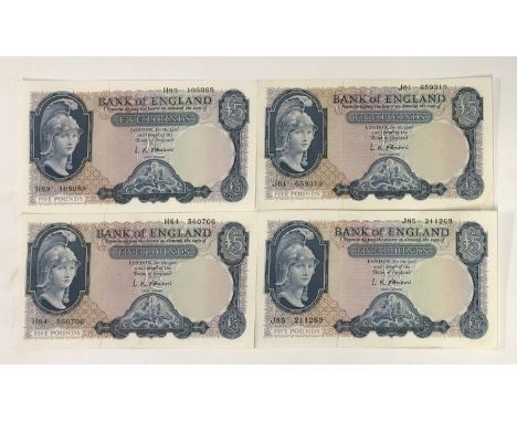 Four Bank of England five pound notes, lion and key series, L K O'Brien, all with white £5 to reverse 