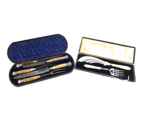 A silver plated fish slice and fork; together with an antler handled carving set by Henry Hobson, Sheffield, both cased