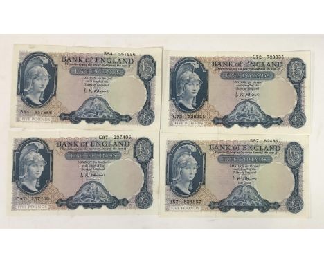 Four Bank of England five pound notes, lion and key series, L K O'Brien, all with blue £5 to reverse 