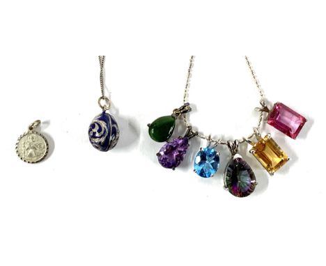 A silver and enamel Russian egg style pendant on chain; together with a silver chain with a quantity of pendants including am
