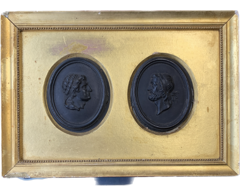 Two late 18th century Wedgwood black basalt portrait cameo plaques, each 7.5x5.6cm, one depicting a bearded man, Minos, law g