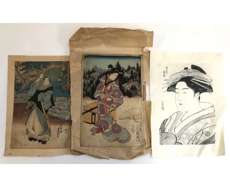 Three unframed Japanese woodblock prints (af), two with the plates approx. 35x24, the other portrait 33x22cm (3) 