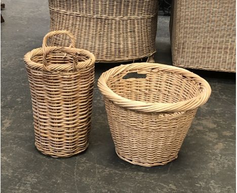 A wicker log basket, and a wicker stick stand 