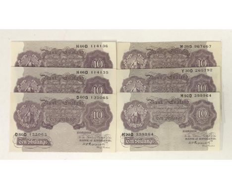 Six emergency wartime issue mauve ten shillings notes, K O Peppiatt, to include a consecutive pair 